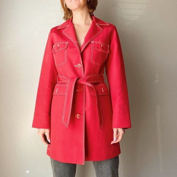 J. Crew Red Cotton White Outstitch Trim Belted Long Trench Coat Jacket - Picture 4 of 9